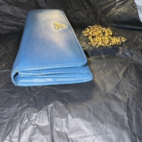 Prada saffiano leather long wallet blue authentic with generic chain - Picture 8 of 8